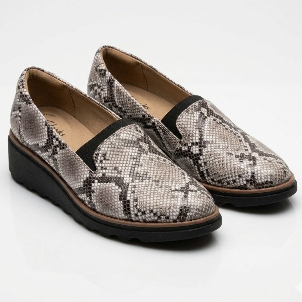 Clarks Sharon Dolly Loafers Shoes Women 7‎ Tan Snakeskin Print Comfort Wedge